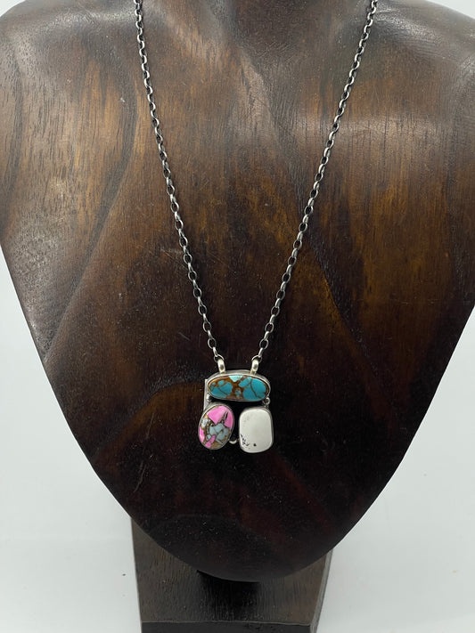 Turquoise, Cotton Candy, and White Buffalo Cluster Necklace by Donovan Skeets, Navajo