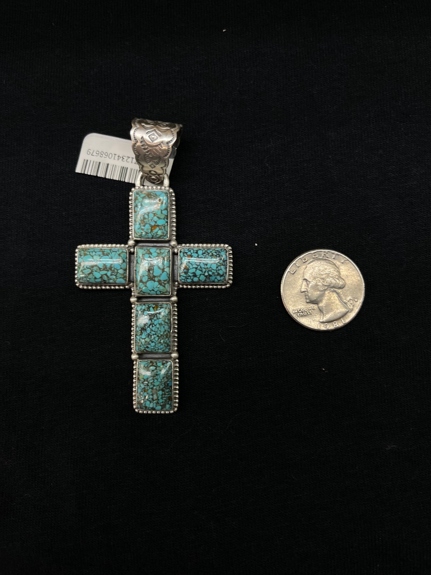 6 Stone Turquoise Cross Pendant with a 9mm Bale by Zia