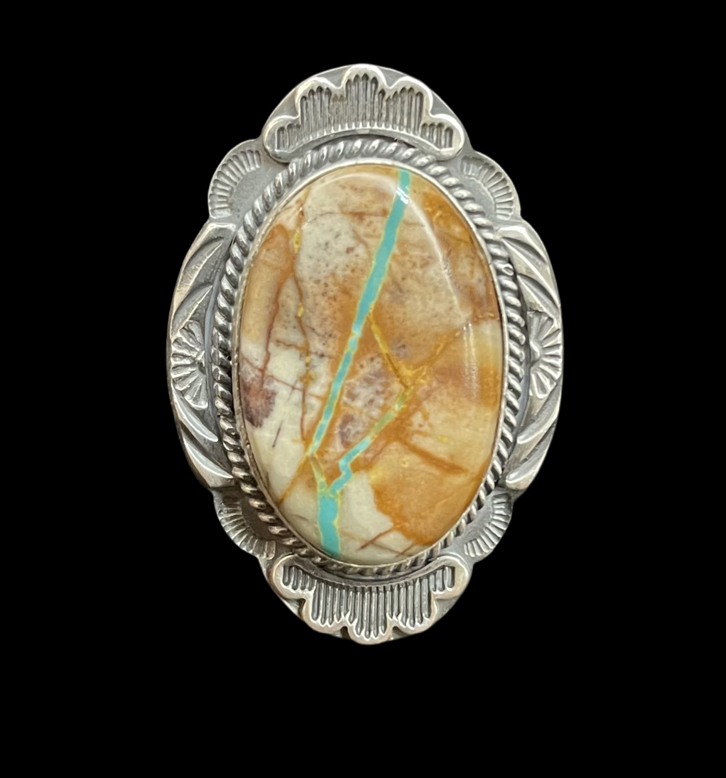 3 Piece Ribbon Turquoise 26" Lariat, 7.5 Ring, and Earring Set by Gilbert Nez, Navajo