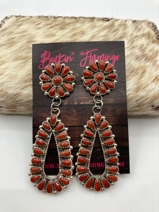 Red Coral Cluster Teardrop Post Dangle Earrings by Alicia Wilson, Navajo