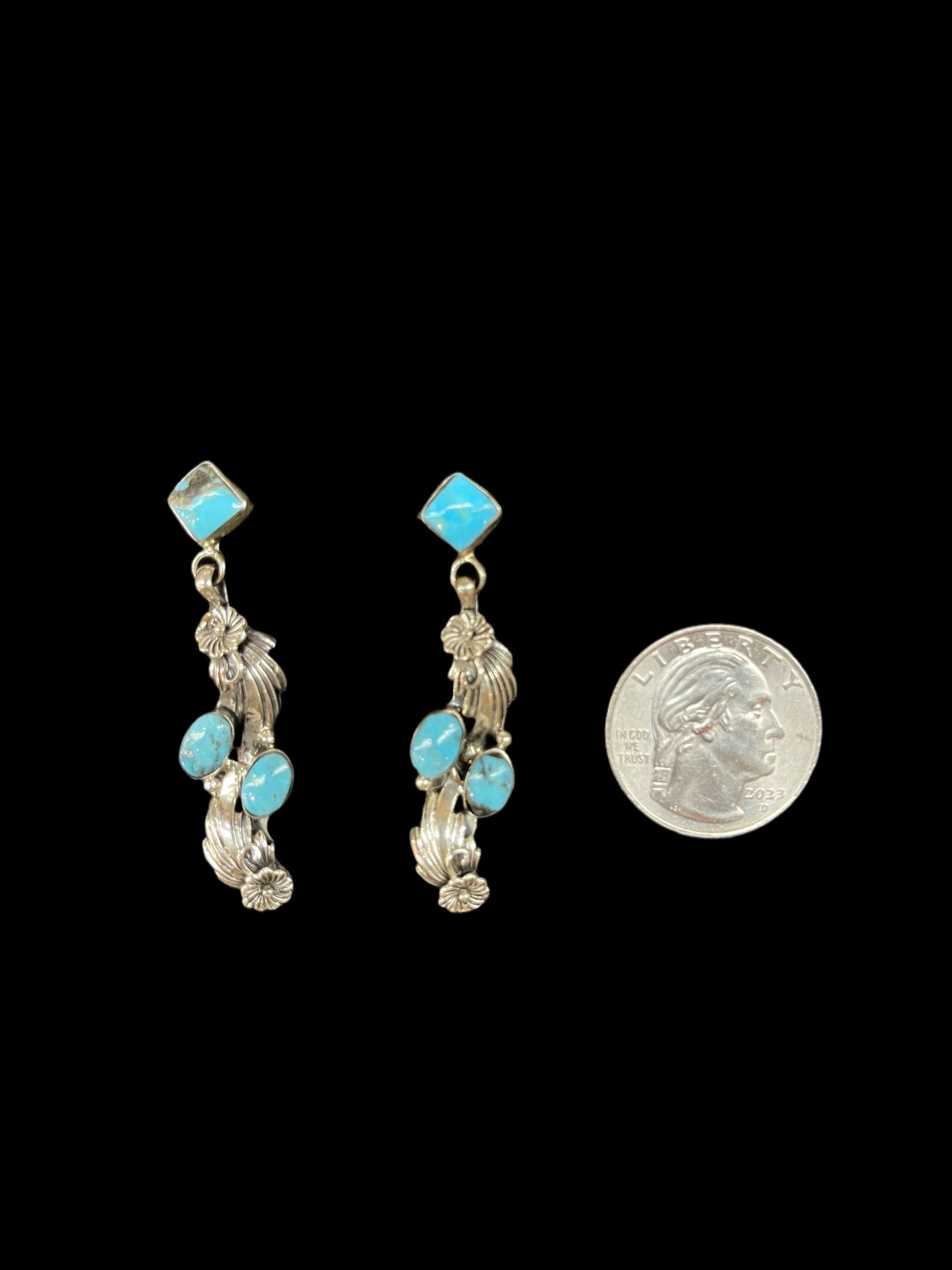 Floral High Grade Kingman Turquoise Post Dangle Earrings