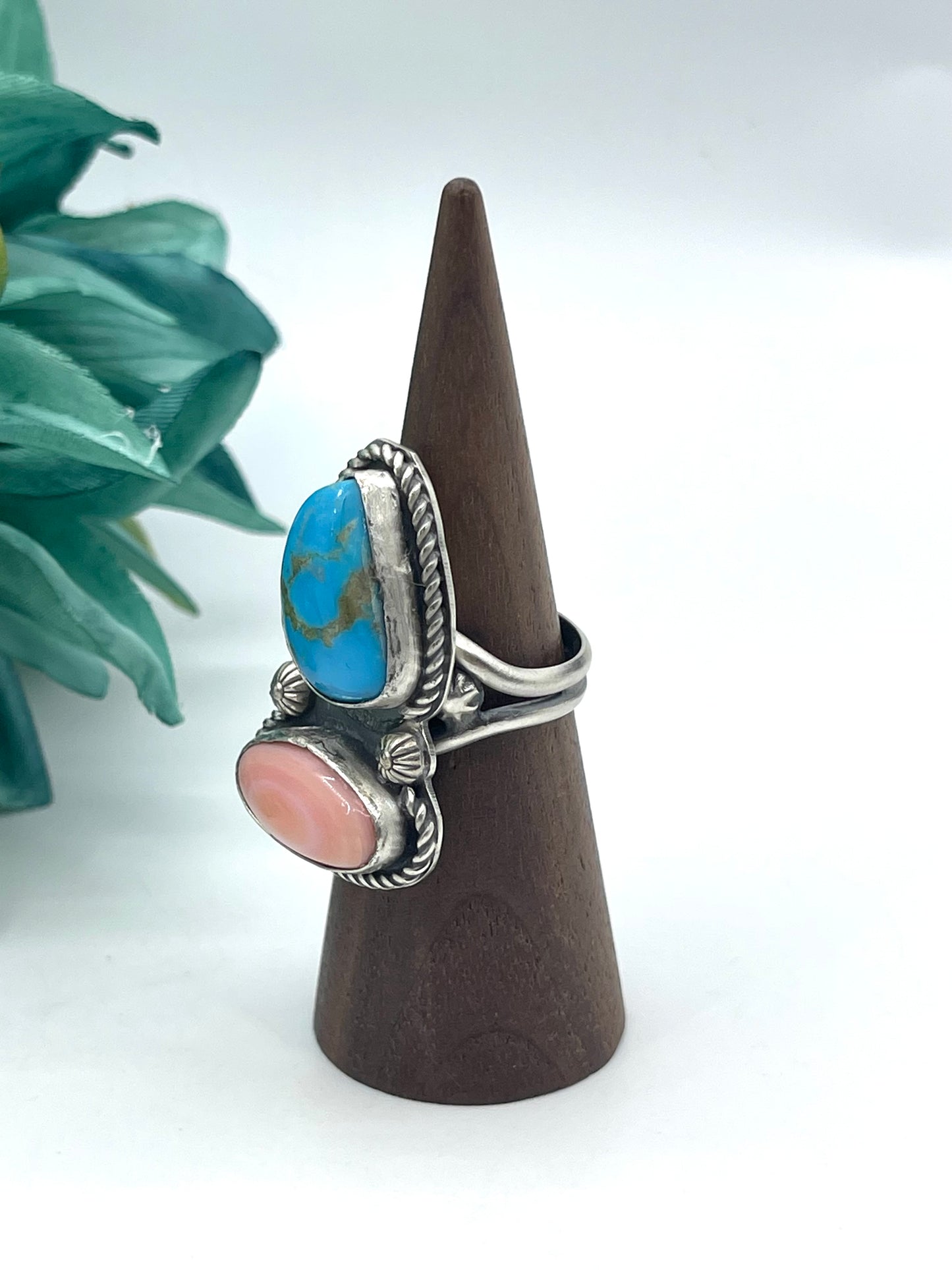 Adjustable Kingman Turquoise & Pink Conch Shell 2 Stone Adjustable Ring 6.0-10.0 by Boyd J. Ashley, Navajo