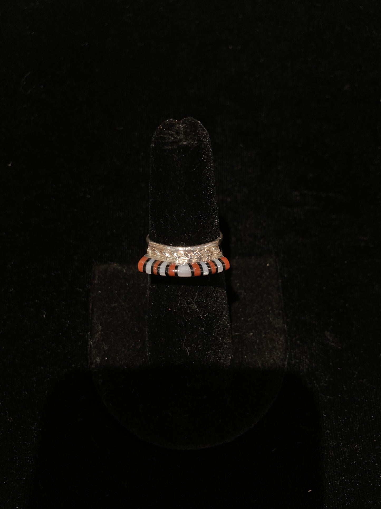 6.0 Coral, Black Onyx, and Pearl Ring by Victor Martza, Zuni