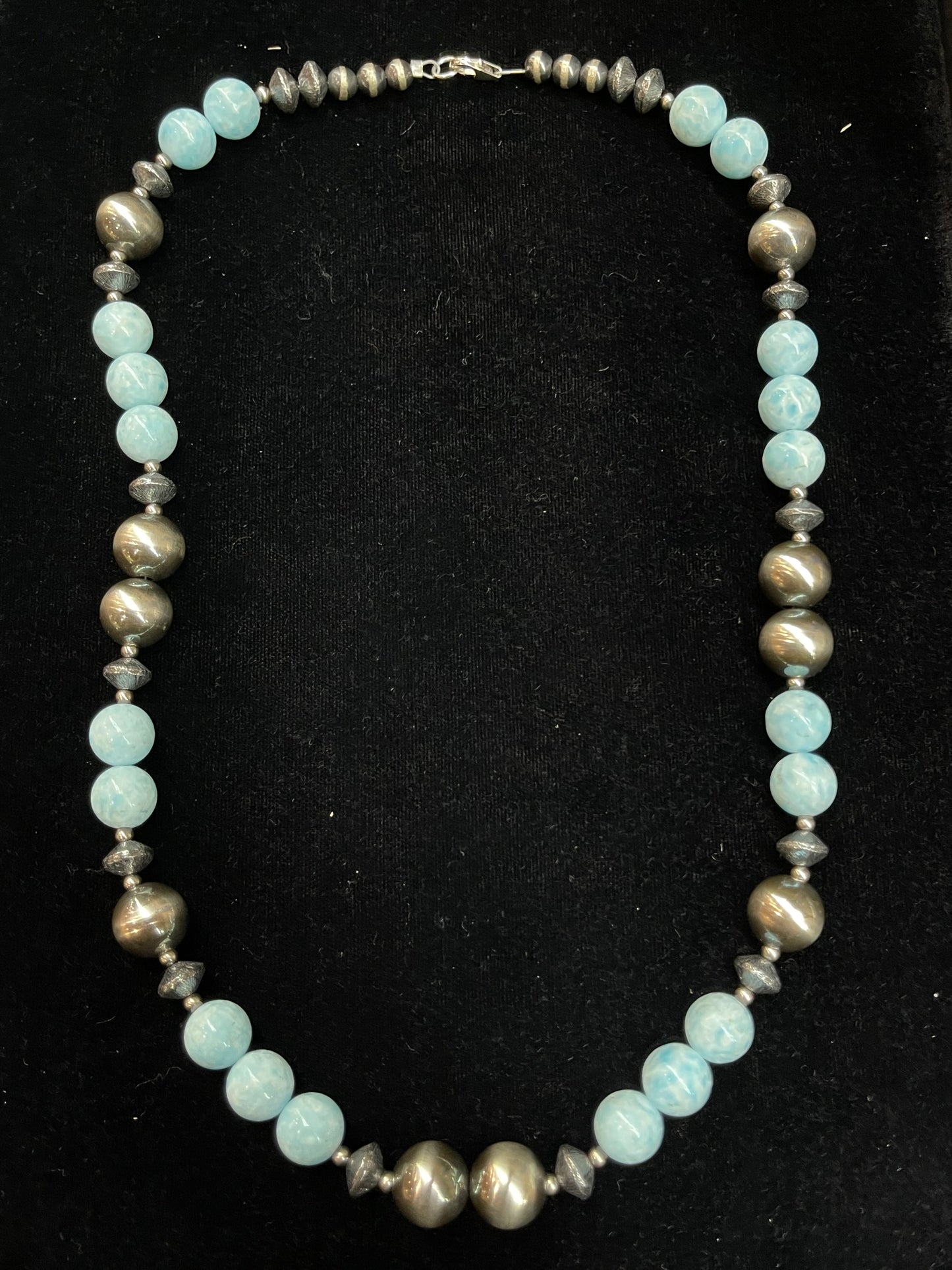 22" Necklace with 12mm Larimar and Navajo Style Pearls