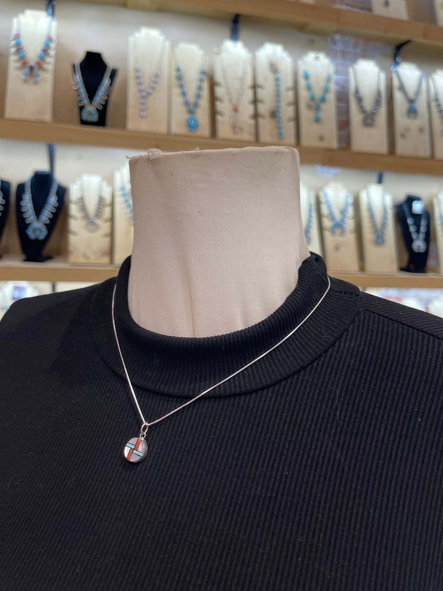 18" Chain with Inlaid Circle Pendant by James Cheama, Zuni