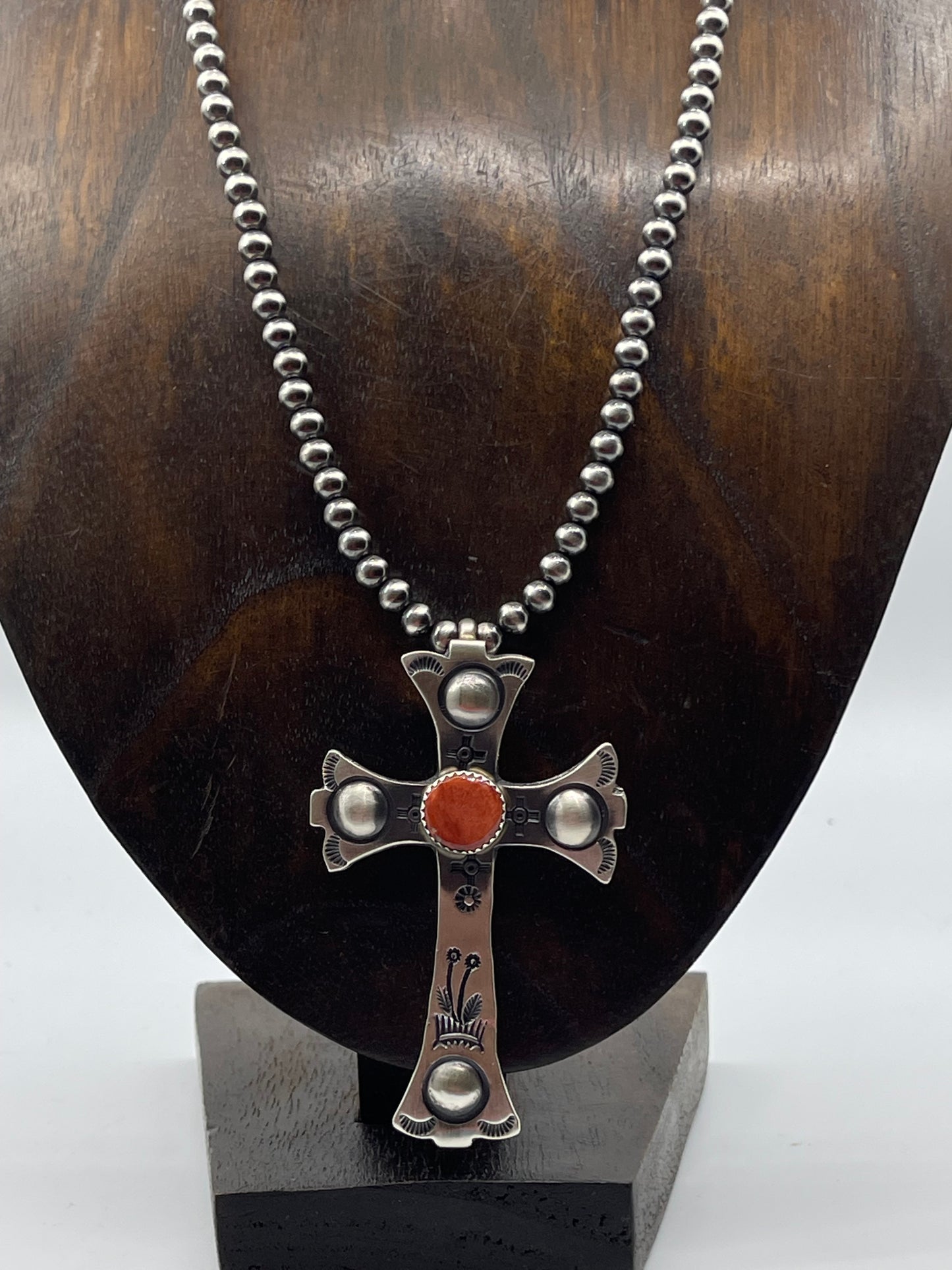 18" 5mm Navajo Pearls with a Orange Spiny Oyster Cross by Martha Cayatineto, Navajo