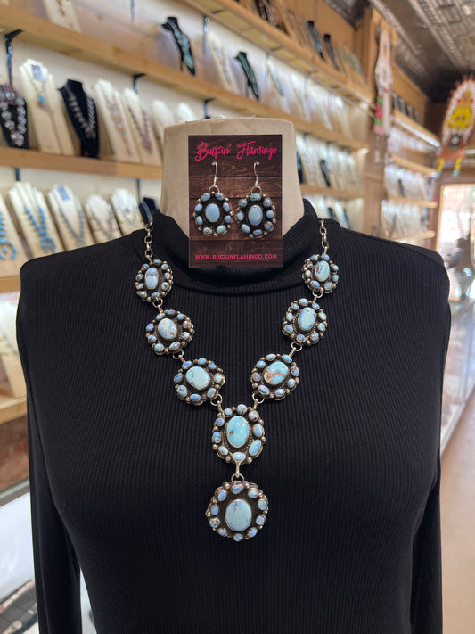 22" + 3" Drop Golden Hills Cluster Lariat Necklace & Earring Set by Jolene Begay, Navajo