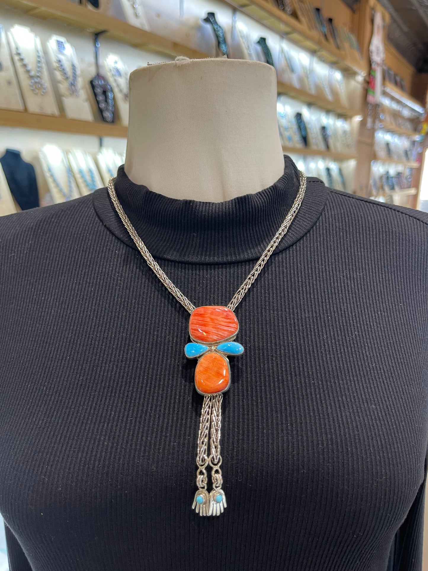 Handmade Chain 20”+3” Drop Bolo Tie Necklace W/Clasp Spiny Oyster & Turquoise by Smokey Gchachu, Zuni
