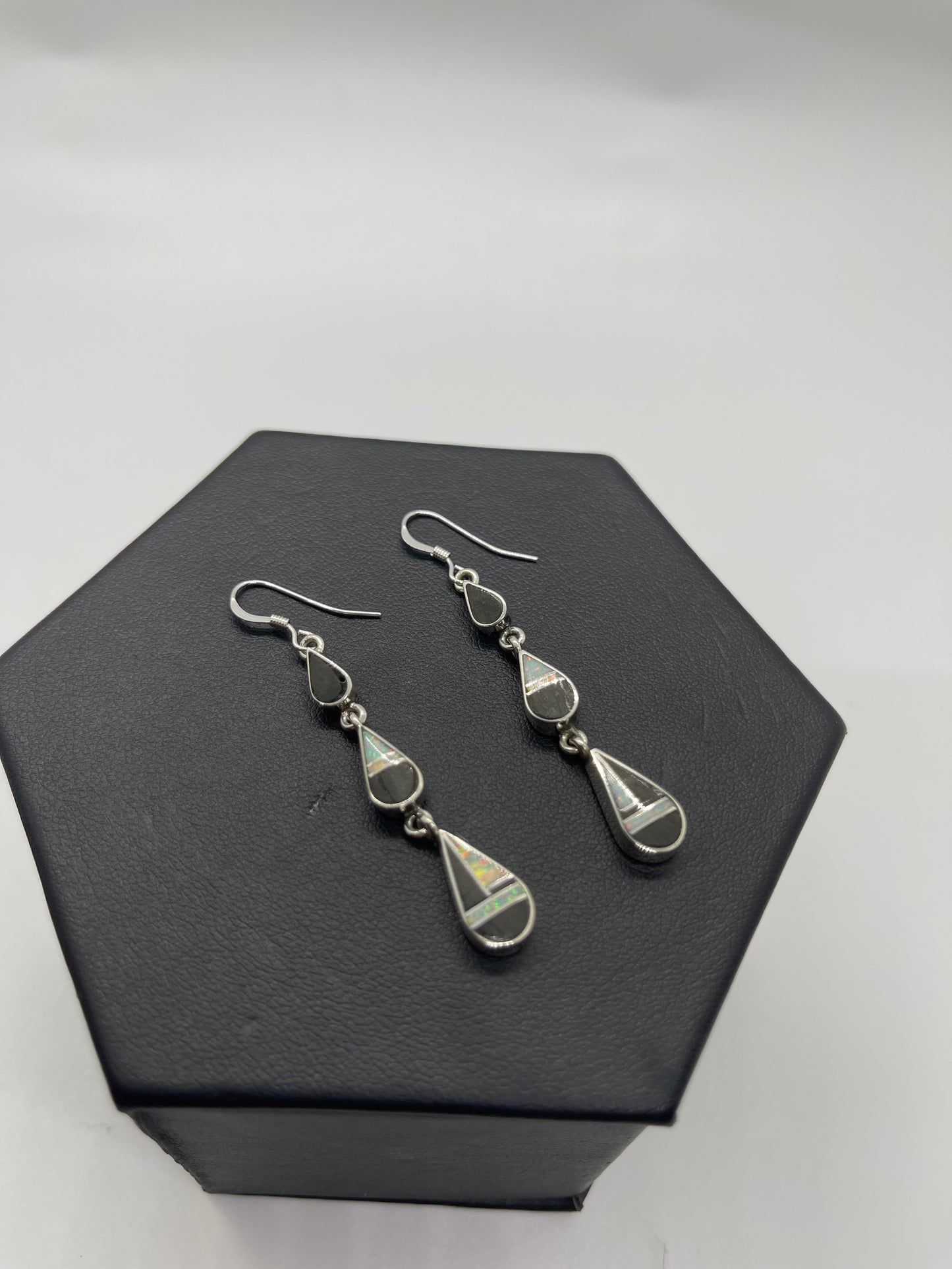 Black Onyx and White Opal Inlay 3 Stone Dangle Earrings by James Manygoats, Navajo