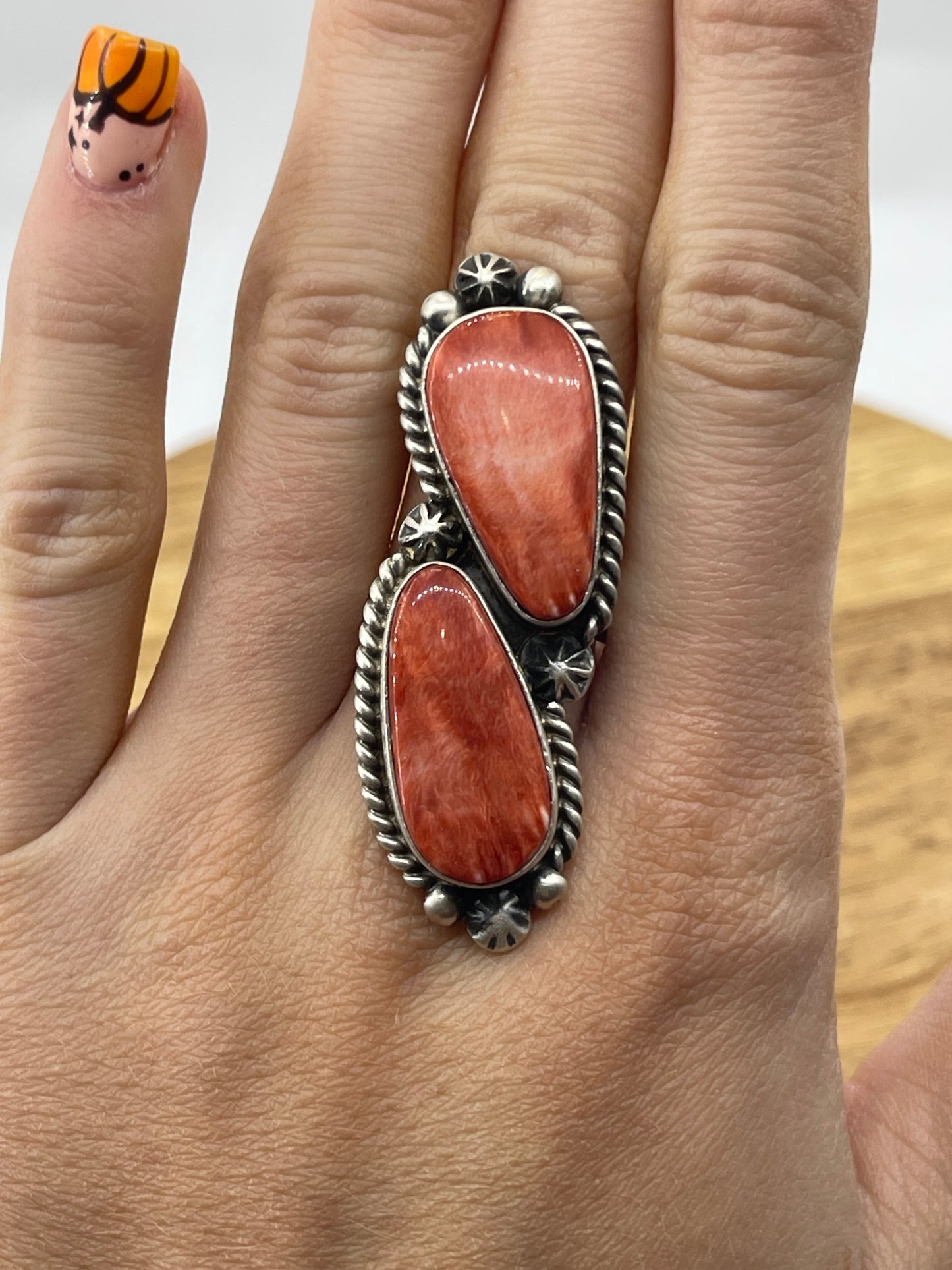 Adjustable 2 Stone Red Spiny Oyster Shell ring by Eugene Belone, Navajo