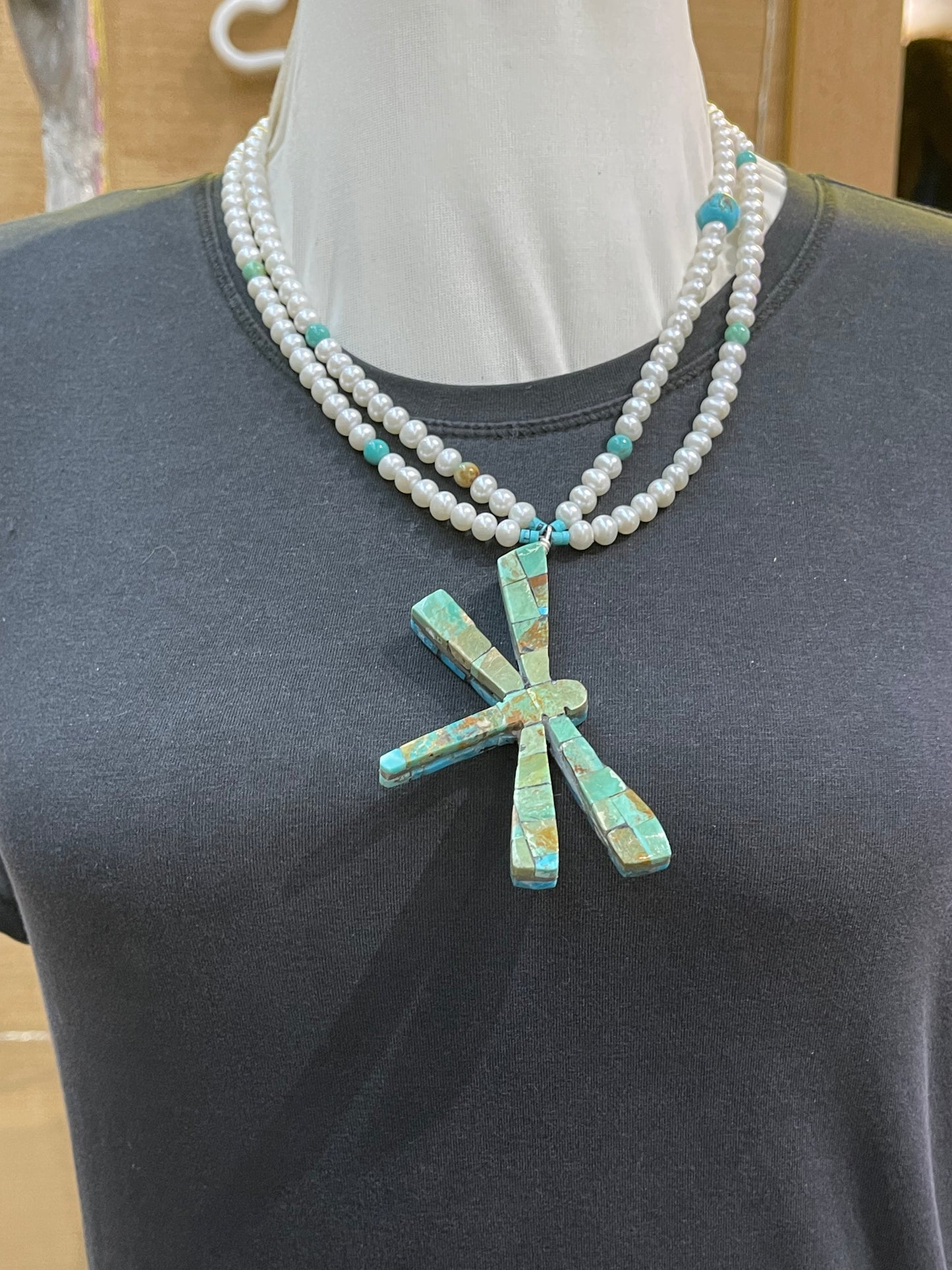 Reversible Dragonfly Fresh Water Pearls and Turquoise Necklace