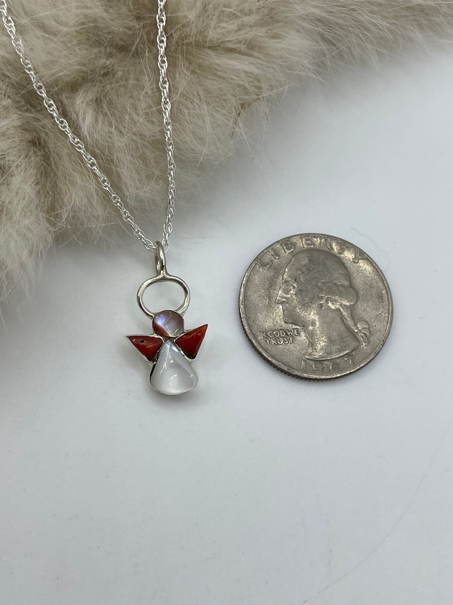 16" Chain with Coral Angel Pendant Necklace by Claudia Maritza, Zuni