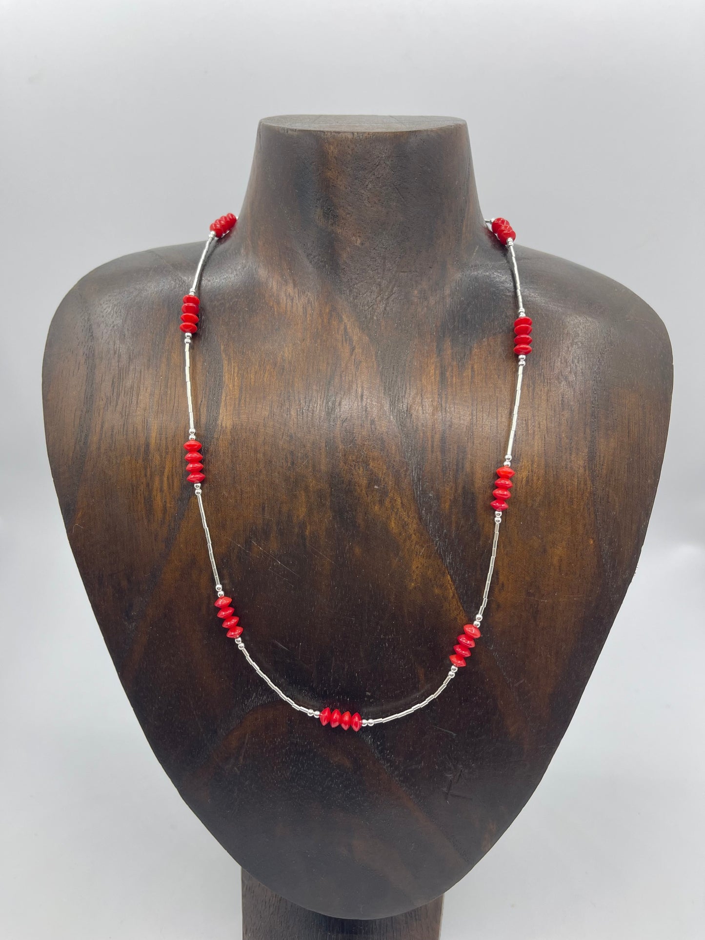 18" Red Coral Cut Bead Necklace On Liquid Silver