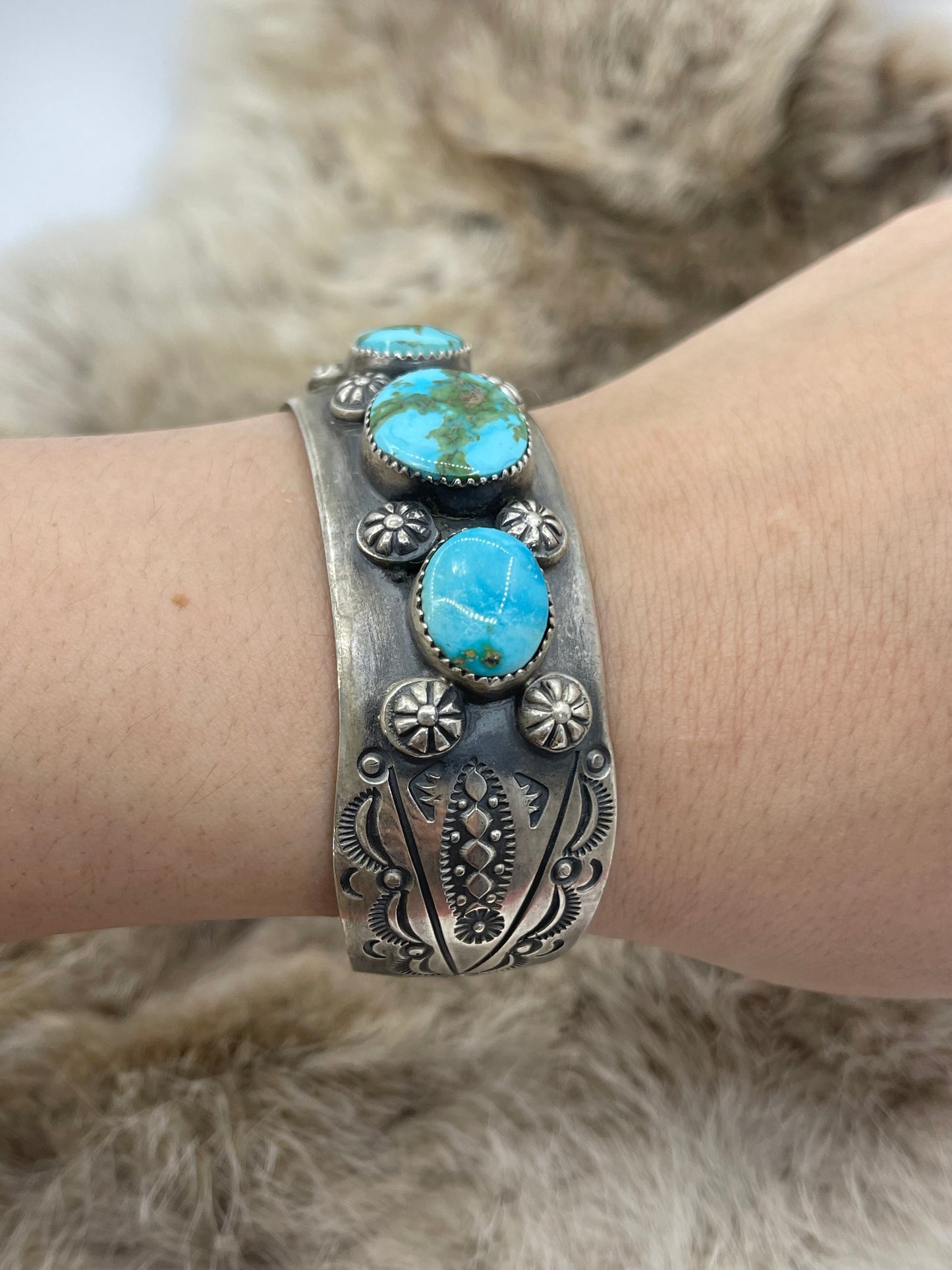 6.75" 3 Stone Sonoran Gold Turquoise Bracelet by Delbert Secatero, Navajo