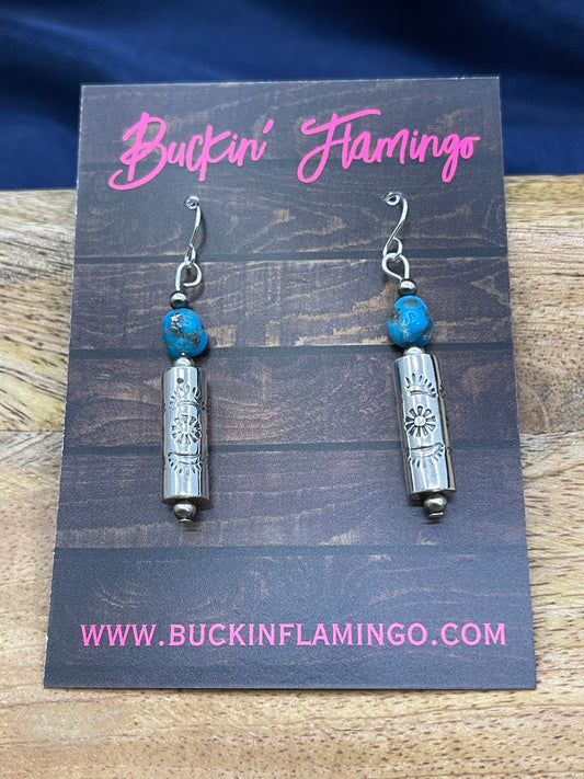 Stamped Barrel Beads with Turquoise Earrings