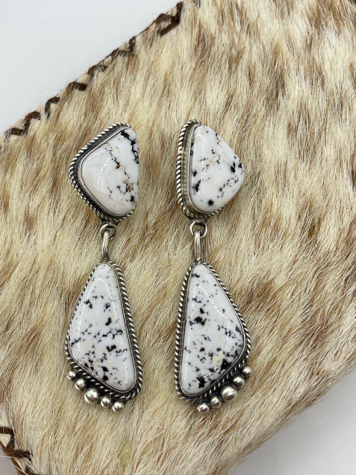 2 Stone White Buffalo Drop Dangle Post Earrings by Judith Dixon, Navajo