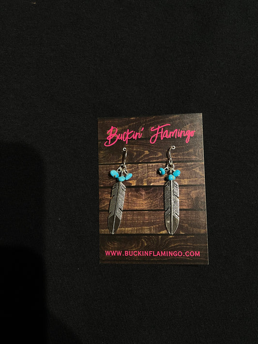 Turquoise Nugget Dangle Feather Earrings