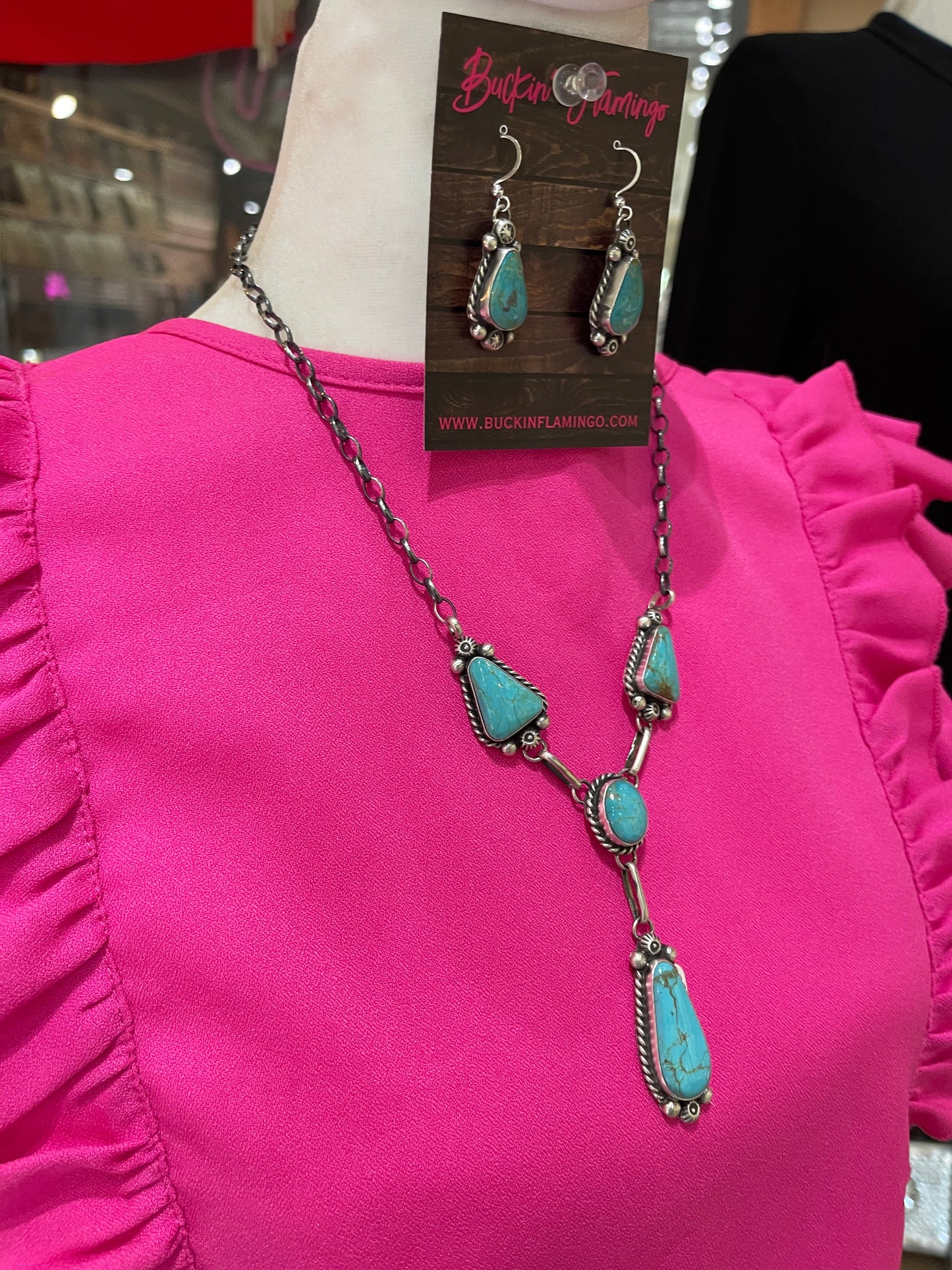 24" Turquoise Lariat Necklace and Dangle Earrings Set by Anne Spencer, Navajo