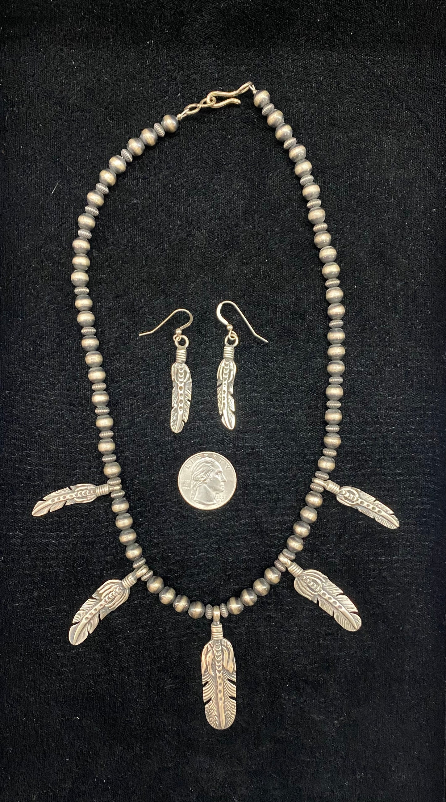 Sterling Silver Feather and Navajo Pearl Necklace and Earring Set