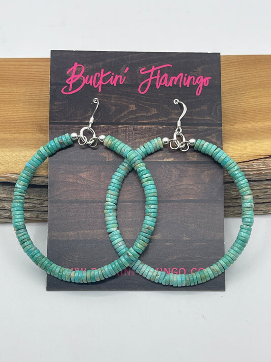 Natural Royston Turquoise Heishi Bead Dangle Hoop Earrings by Ramona Calabaza, Santo Domingo