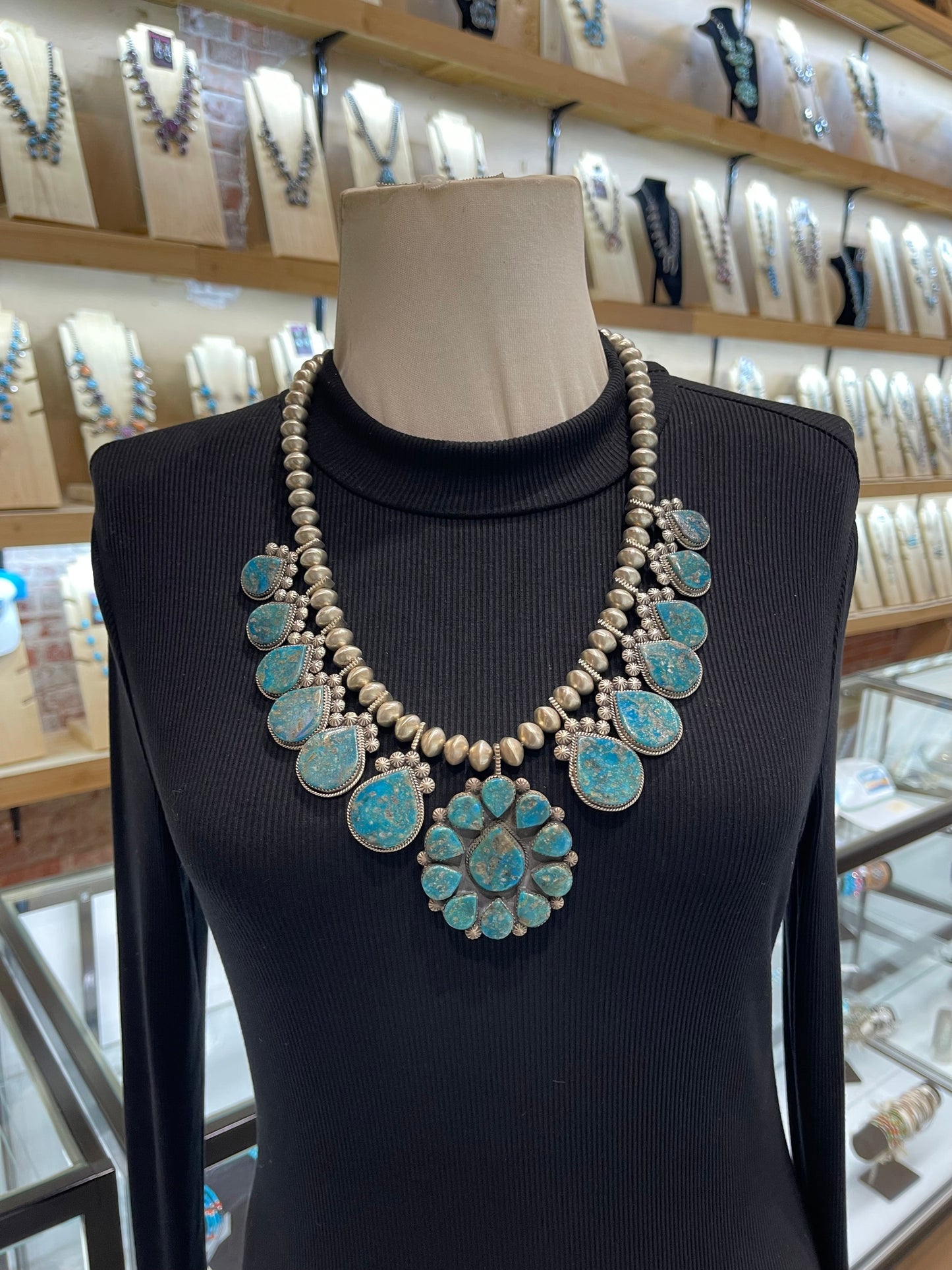 24” 24" Handmade Navajo Pearls Kingman Turquoise Cluster Necklace Squash Blossom & Earring Set by Selina Warner, Navajo