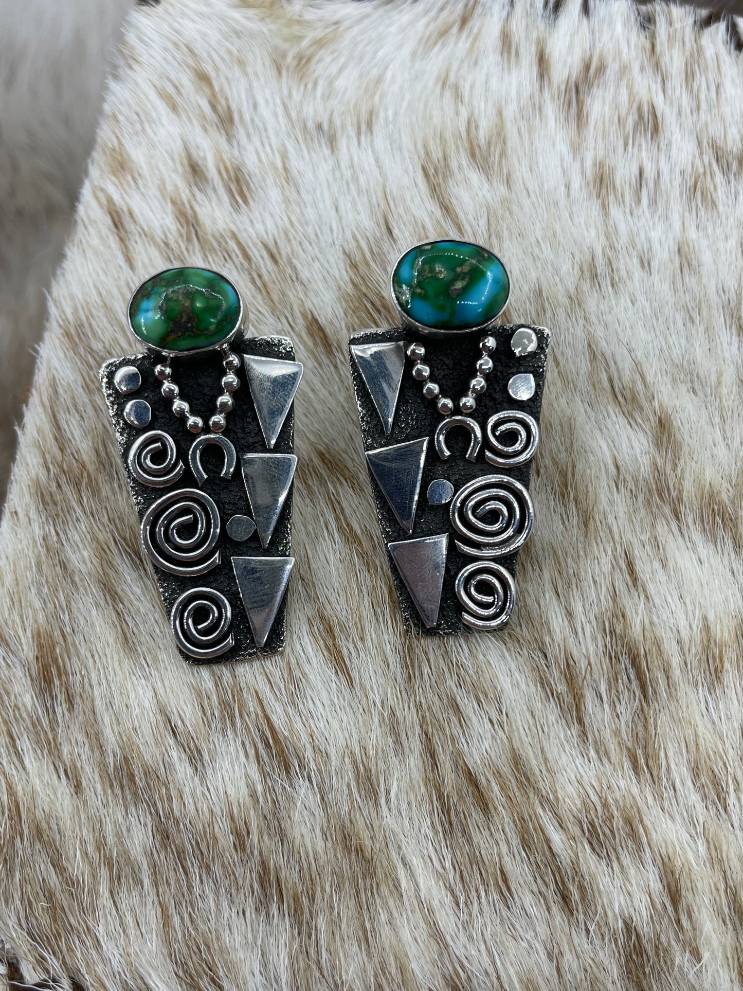 Petroglyph Earrings with High Grade Kingman Turquoise by Alex Sanchez, Navajo