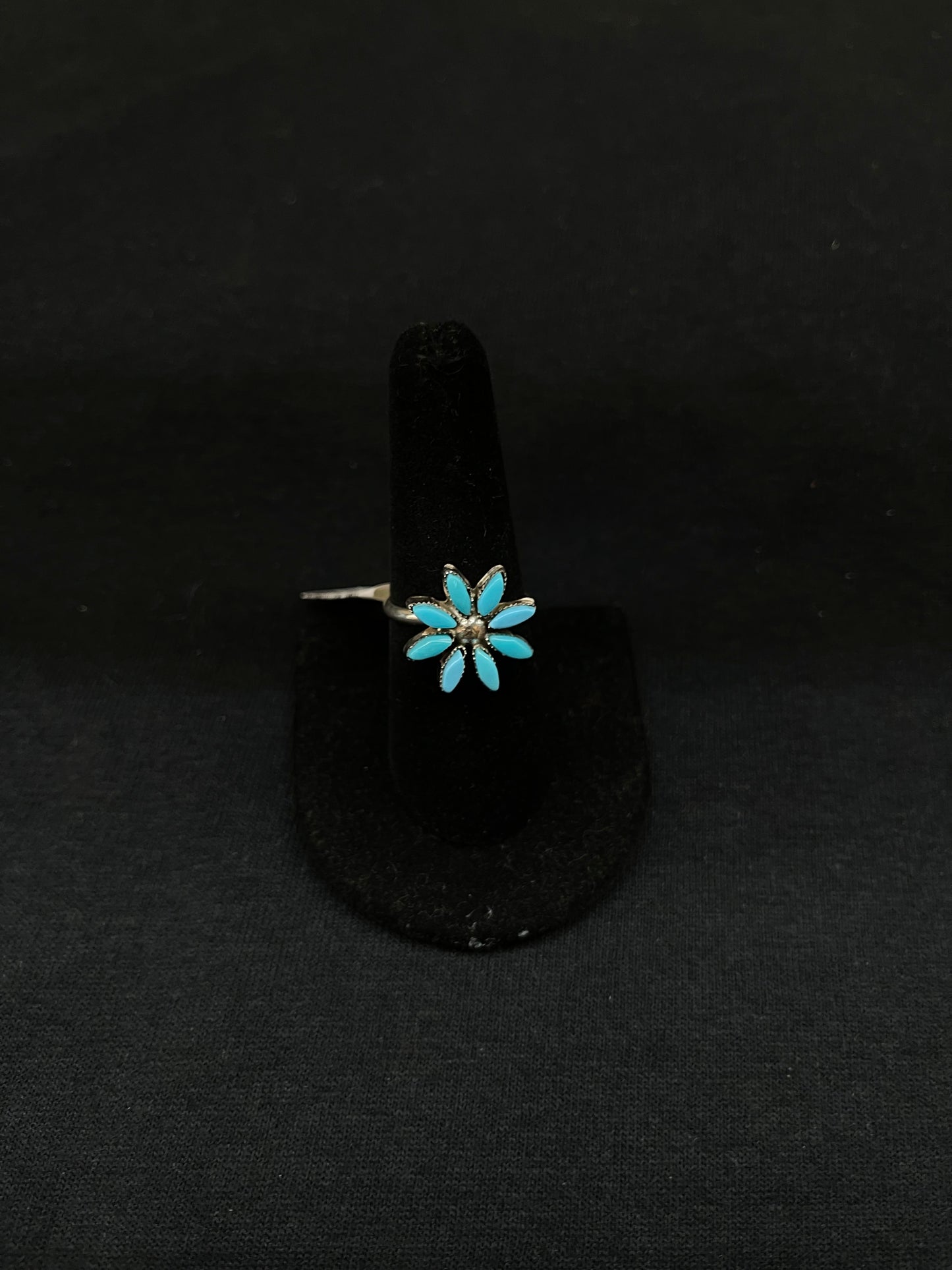 8.5 Sleeping Beauty Turquoise Flower Shaped Ring by Larry Delena, Zuni