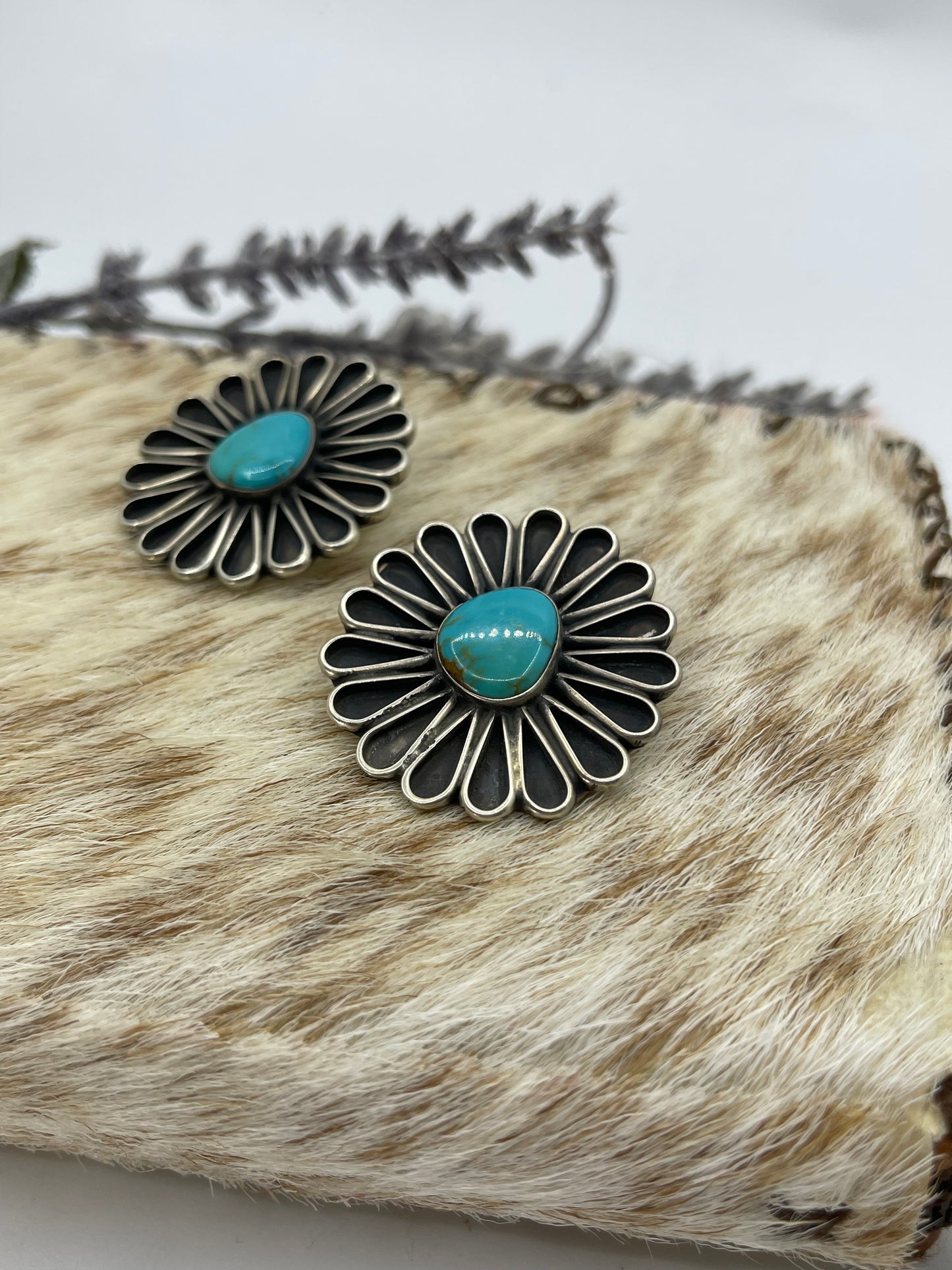 Turquoise Fan Flower Blossom Earrings by Geraldine James, Navajo