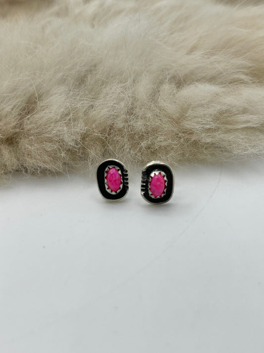 Hot Pink Opal Post Earrings by Roselene Joe, Navajo