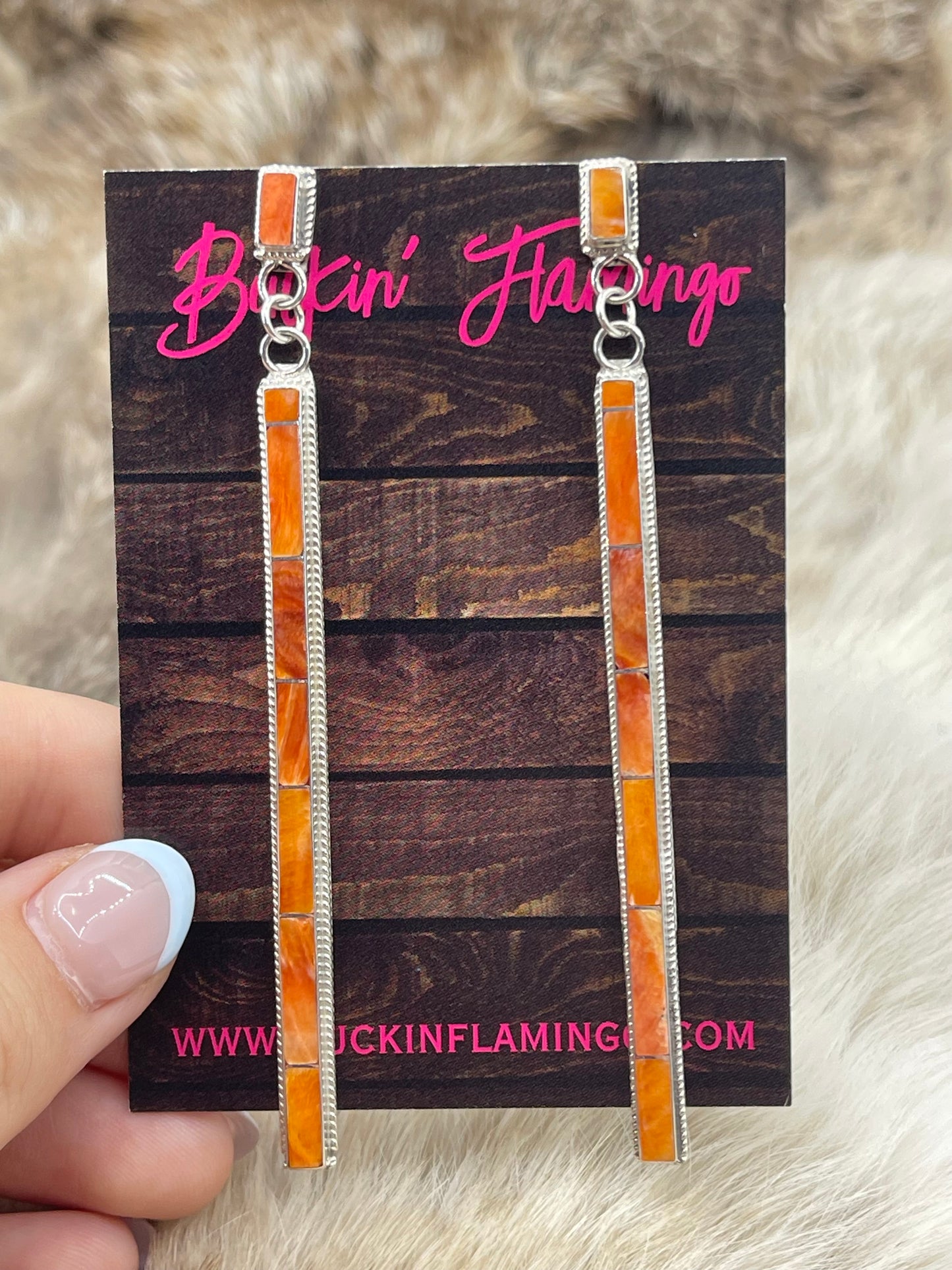 Orange Spiny Oyster Long Inlay Dangle Earrings by Kayla Concho, Zuni
