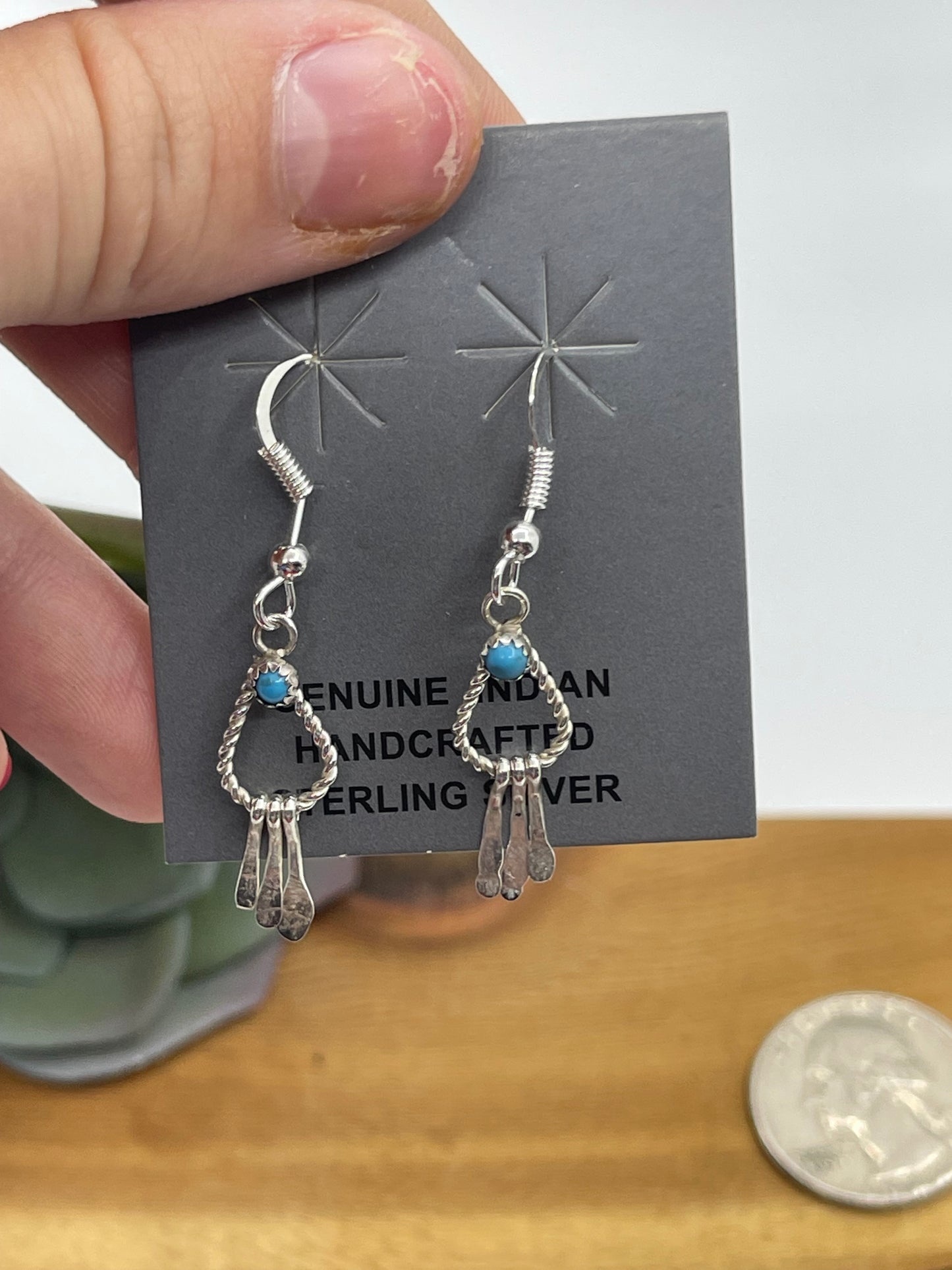 Dainty Turquoise Teardrop Fringe Dangle Earrings by Sylvia Chee, Navajo