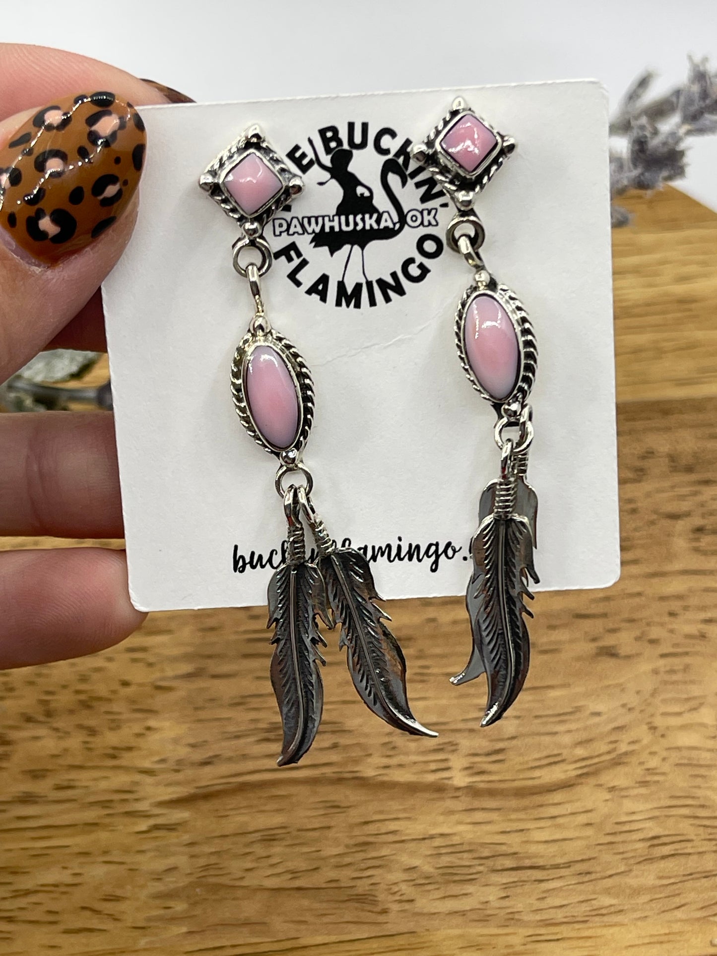 Pink Conch Shell Double Feather Dangle Post Earrings by Sadie Jim, Navajo