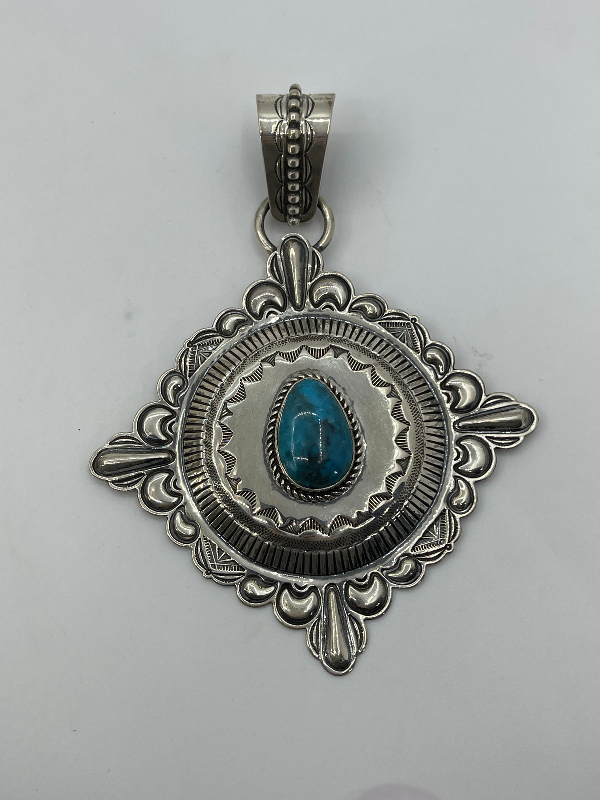 Large Sterling Silver Pendant with Kingman Turquoise Stone by Roland Dixon, Navajo