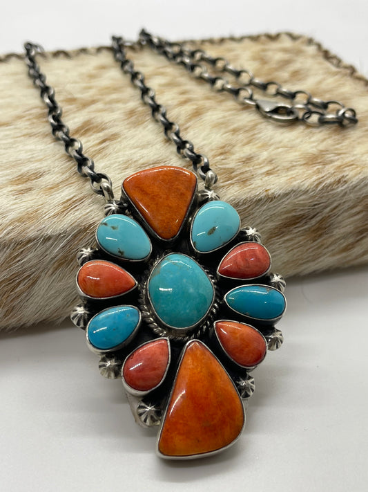 18" Turquoise and Spiny Oyster Shell Cluster Necklace by Elouise Kee, Navajo