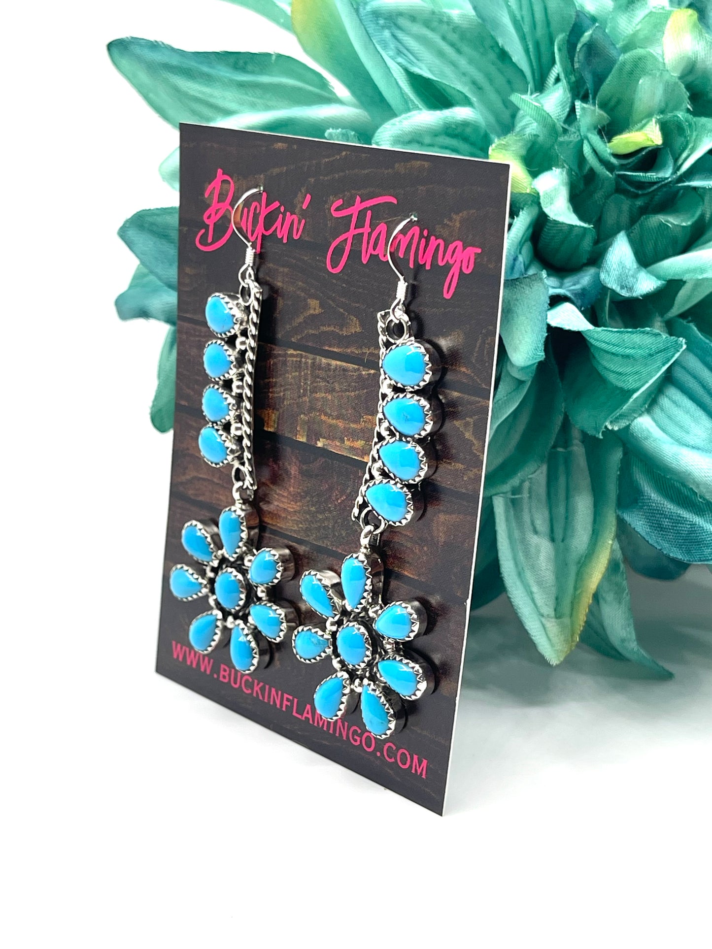 Sleeping Beauty Turquoise with Flower Dangle Earrings by Evangeline Perry, Navajo