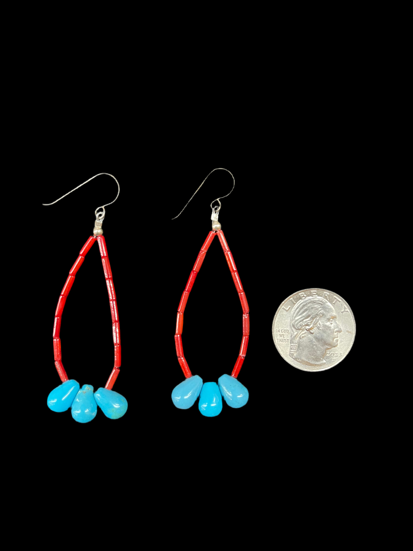Red Coral and Turquoise Teardrop Dangle Earrings