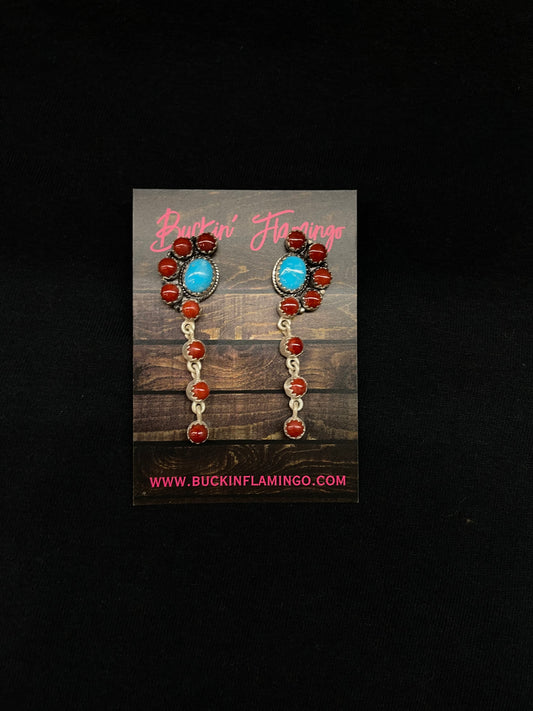 Red Coral and Turquoise Half Cluster Post Dangle Earrings