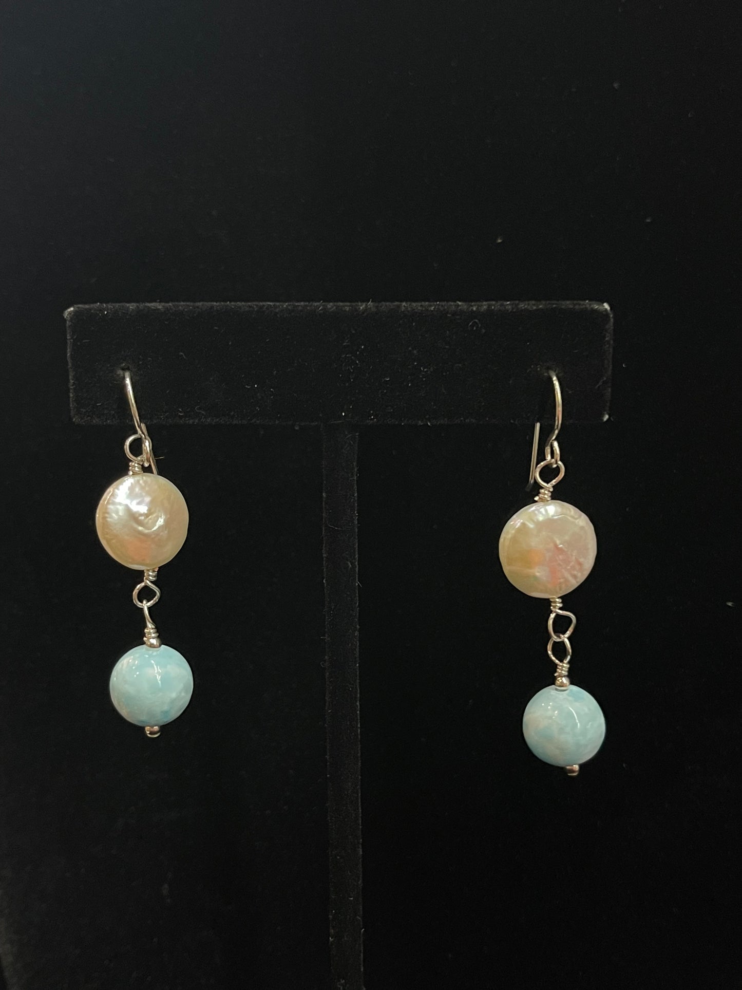 Fresh Water Pearls and Larimar Dangle Earrings