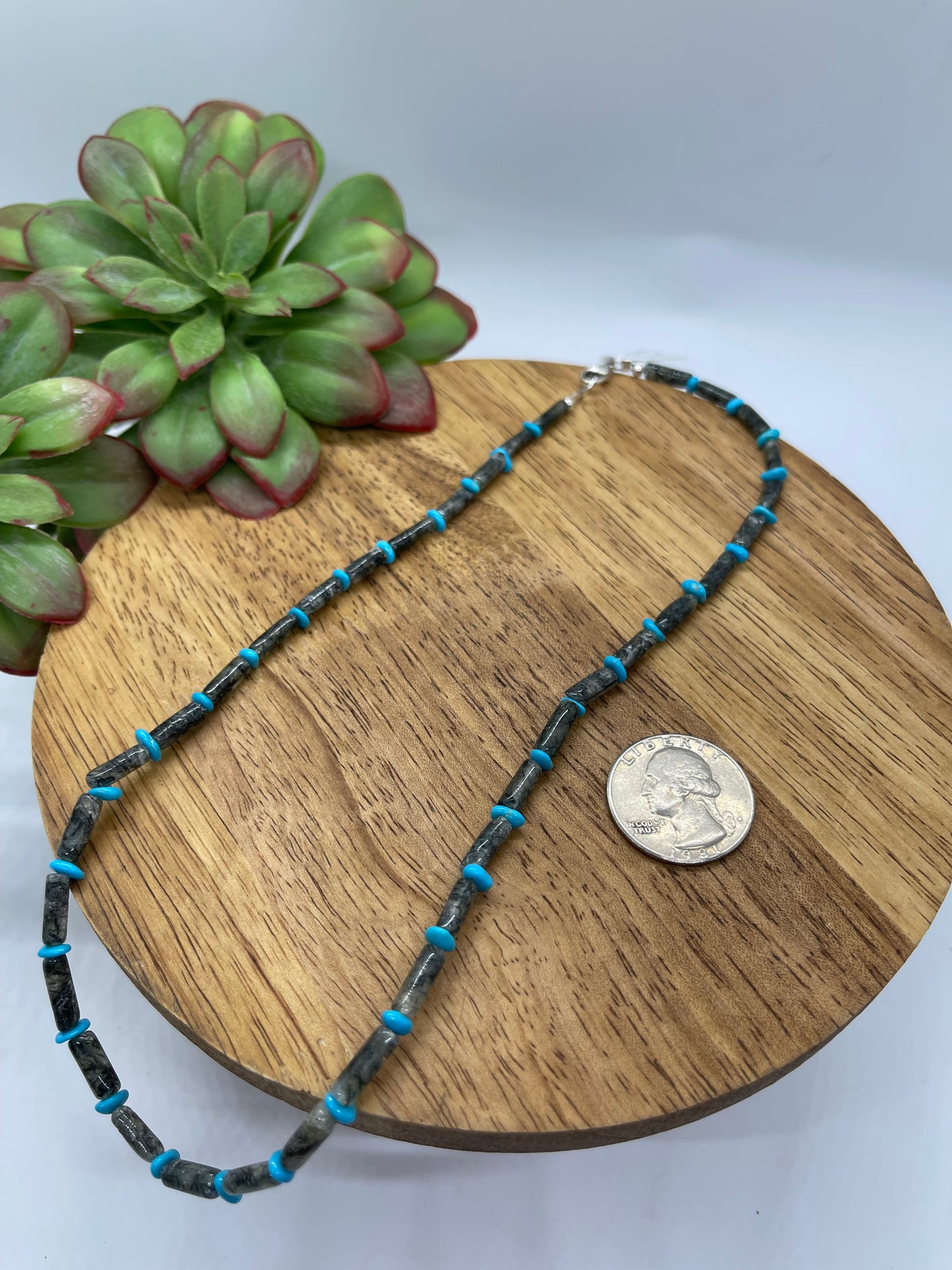 18" Smoky Quartz and Sleeping Beauty Turquoise Beaded Necklace, Navajo