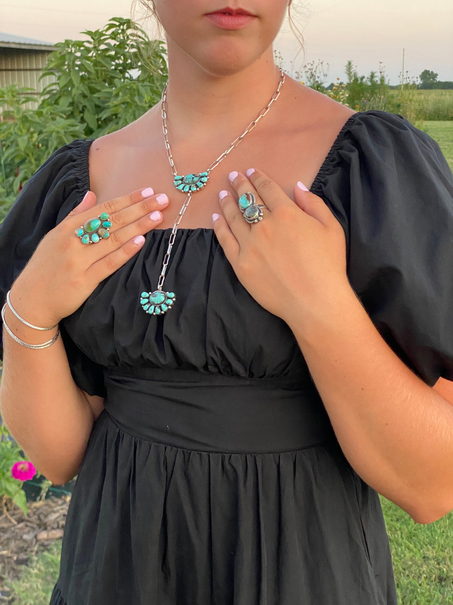 18"+6" Turquoise Half Cluster Lariat Necklace by Gregg Yazzie, Navajo