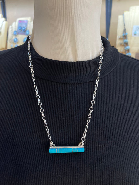 22" Turquoise Inlay Bar Necklace by MaDerral Kallestewa, Zuni
