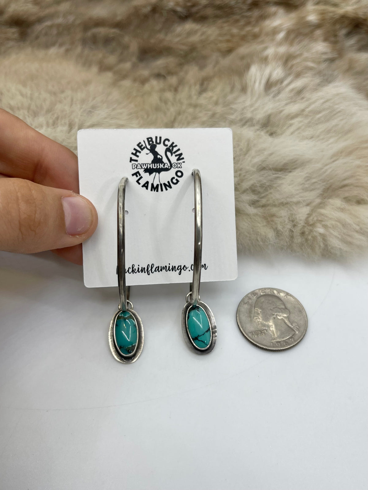 Silver Hoop with Turquoise Stone Earrings by Christina Jackson, Navajo