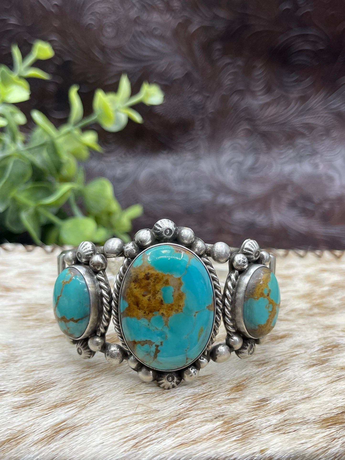 5.25"-7" 3 Stone Kingman Turquoise Cuff