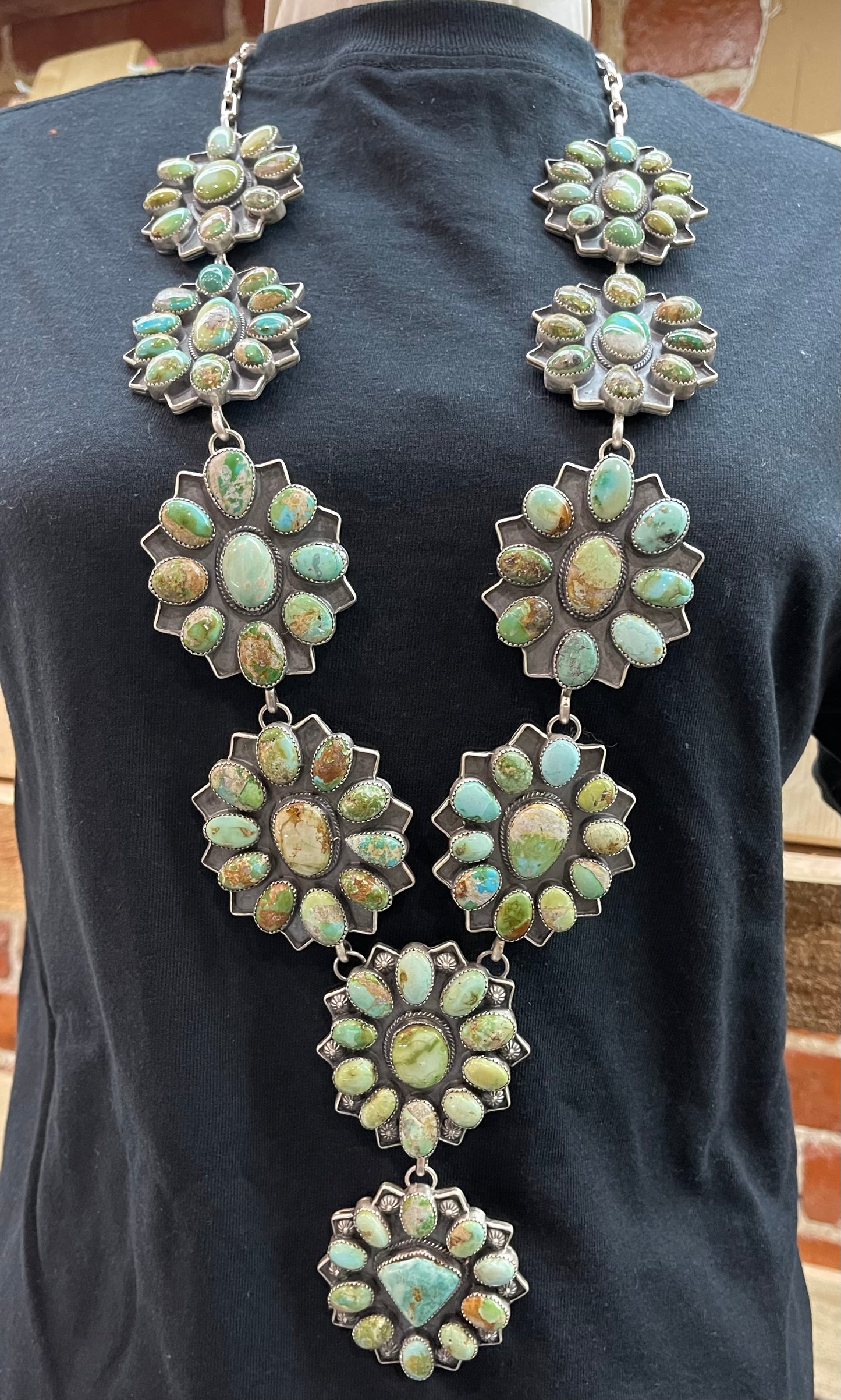 36" Sonoran Gold, Palomino and Royston Turquoise Cluster Lariat Necklace by Terrell Nez Sr., Navajo