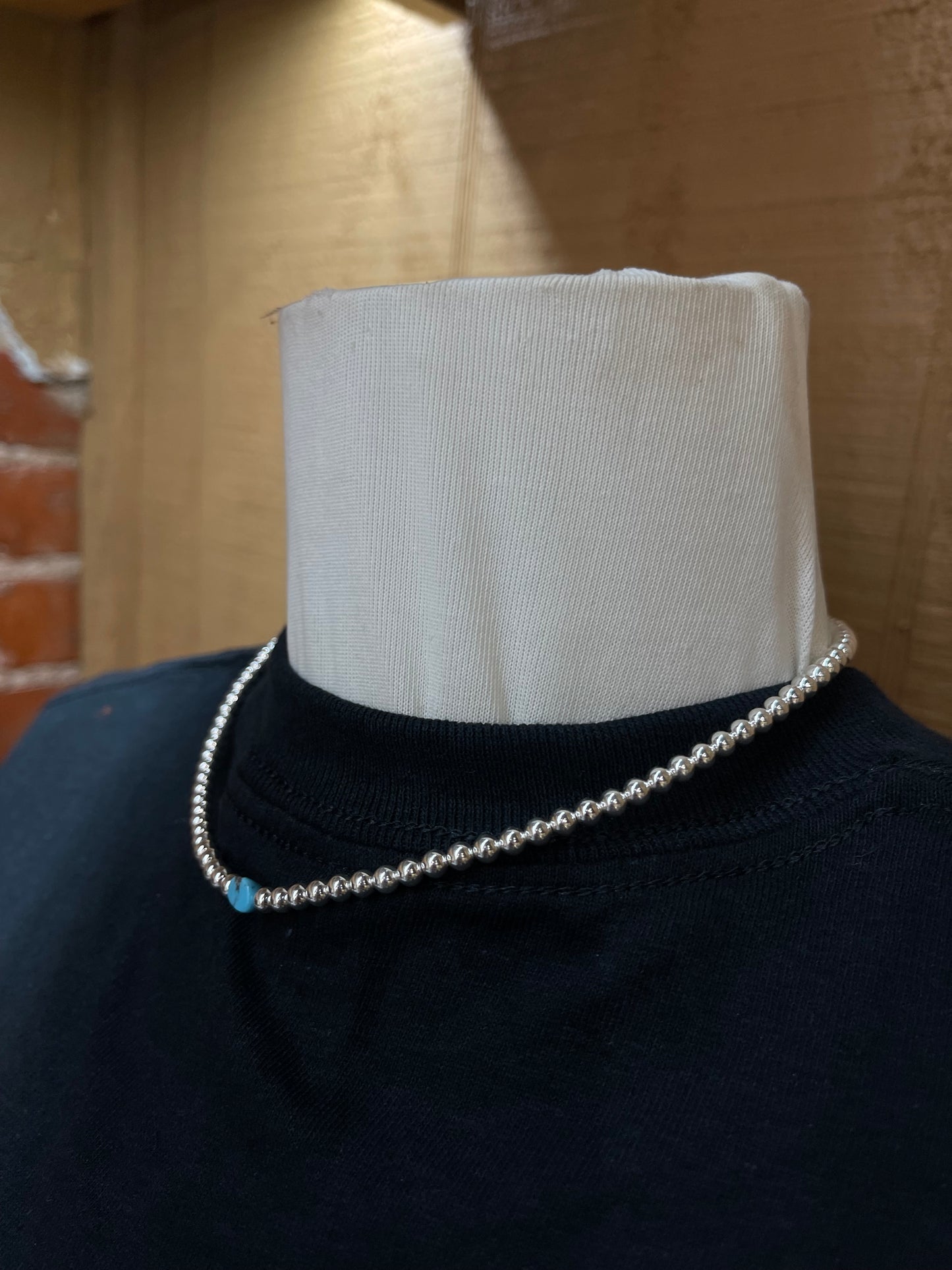 F4mm 16"+2" Silver and Turquoise Beaded Necklace