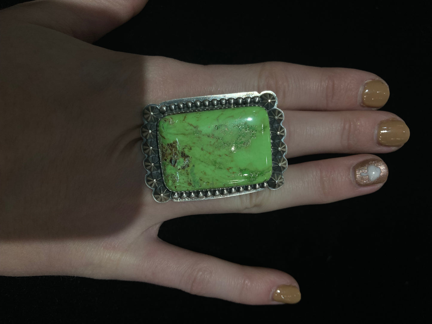 Adjustable Square Gaspeite Turquoise Ring by Zia