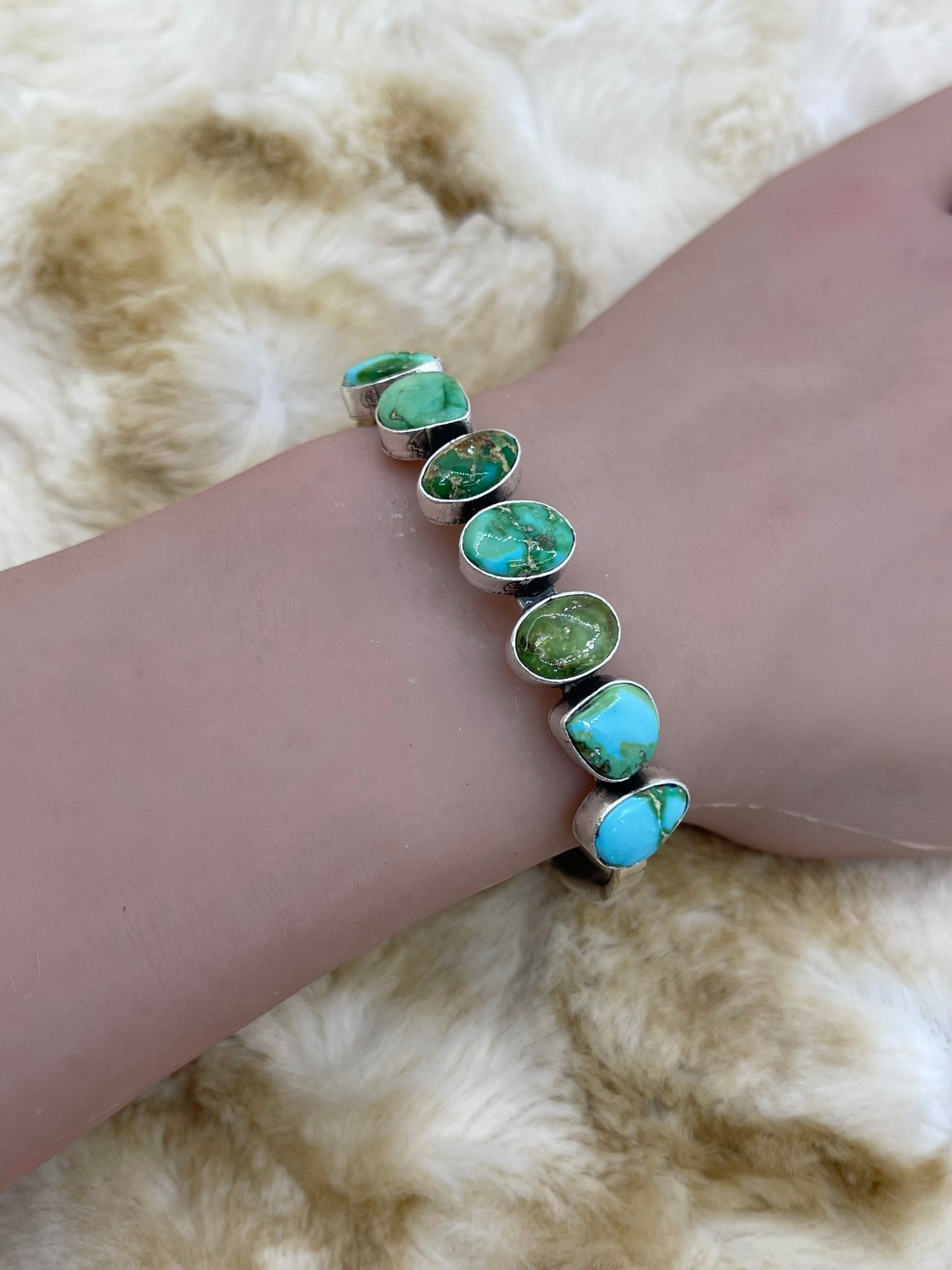 5.5"-7" Sonoran Gold Turquoise 7 Stone Dainty Cuff by Tom Lewis, Navajo
