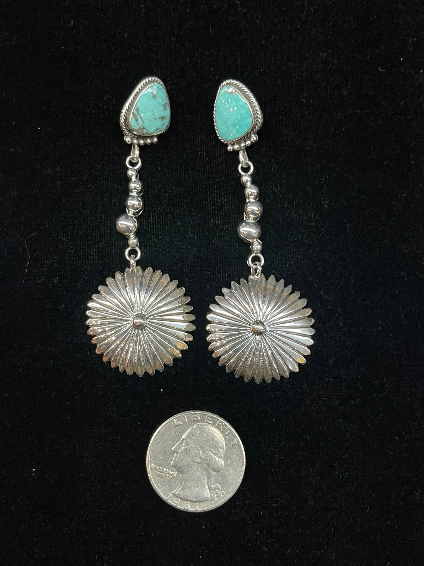 Turquoise Concho Post Dangle Earrings by Sheena Jack, Navajo