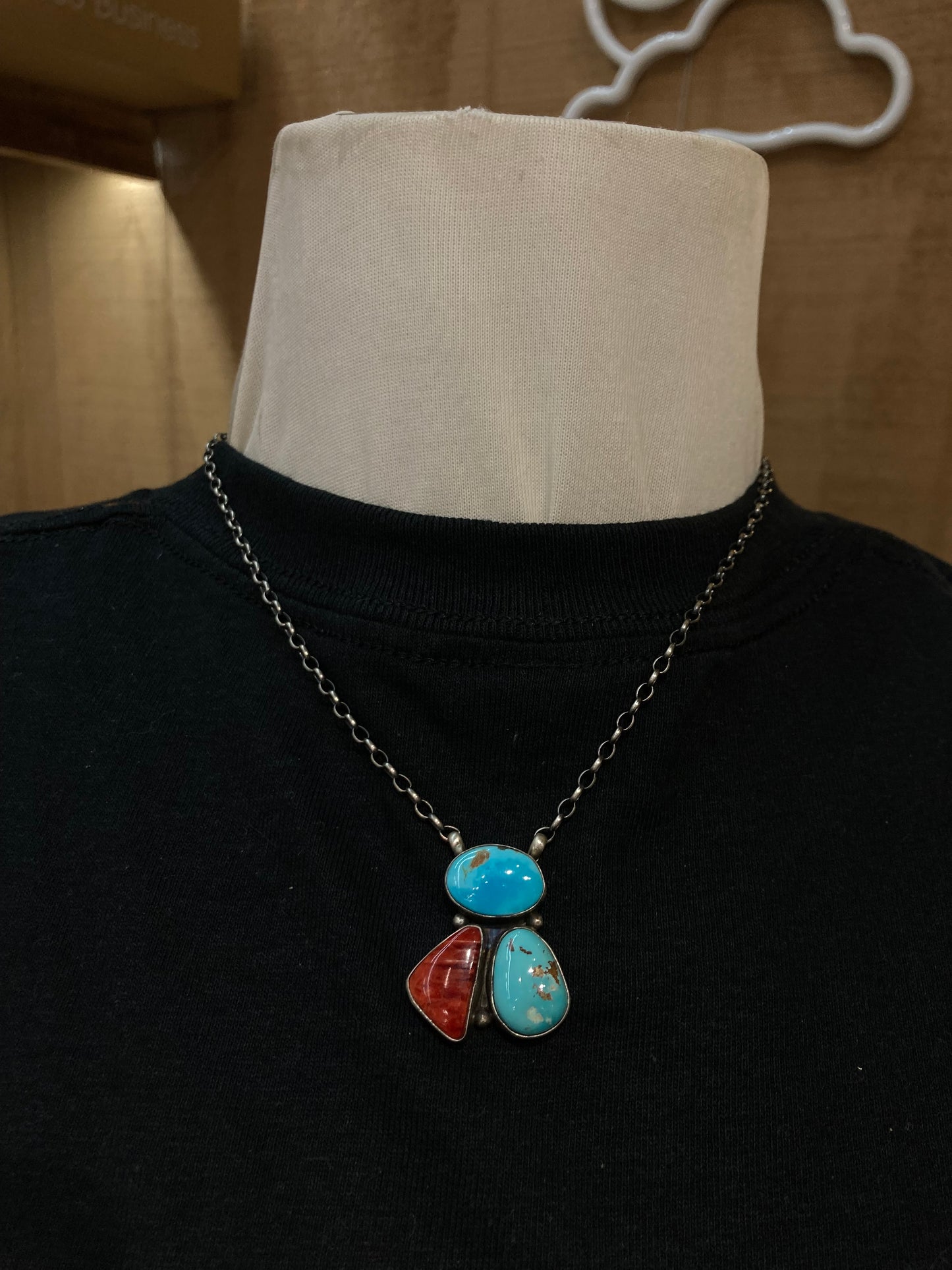 16" Red Spiny Oyster Shell and Kingman Turquoise Necklace by Donovan Skeets, Navajo