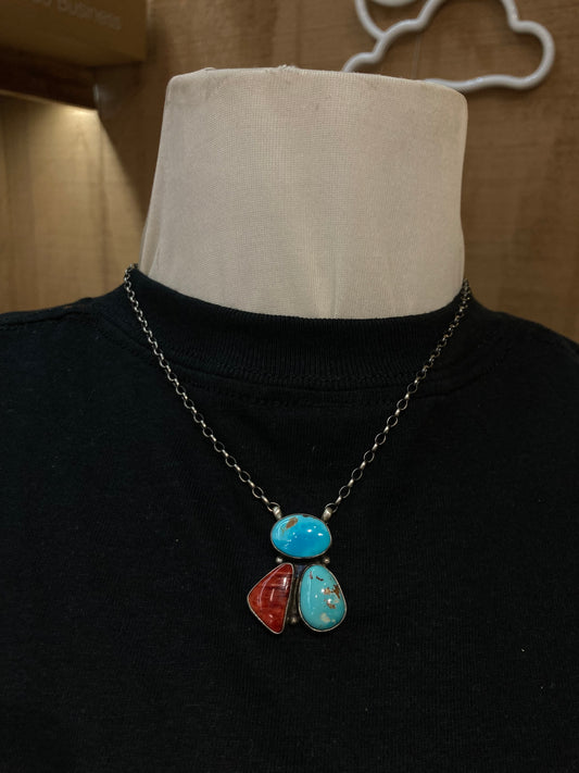 16" Red Spiny Oyster Shell and Kingman Turquoise Necklace by Donovan Skeets, Navajo